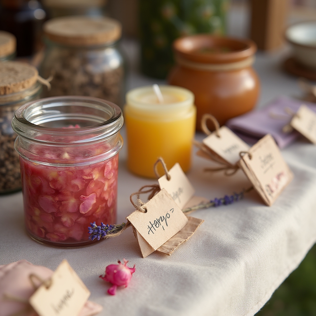 Detaliu stand artizanal cu produse etichetate la un târg