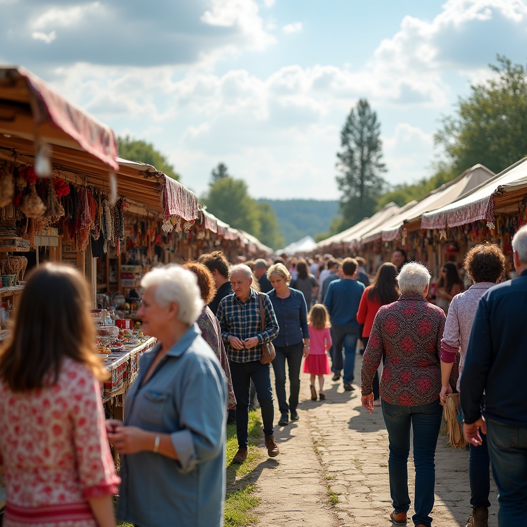 Vizitatori la un târg de produse locale în aer liber